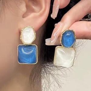 Blue and White Square Resin Dangle Earrings